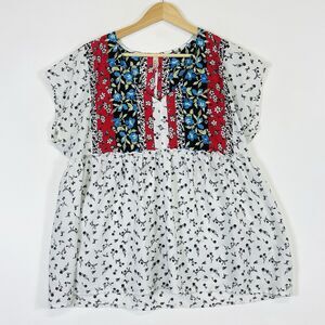 Roper Western Rodeo Black White Floral V-Neck Babydoll Shirt Top Women's Large‎